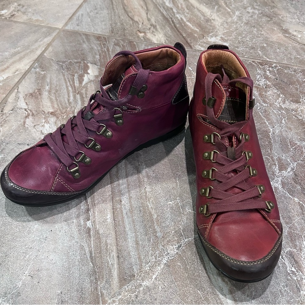 Women's Burgundy Leather Lace-Up Ankle Sneakers - Picture 2 of 14